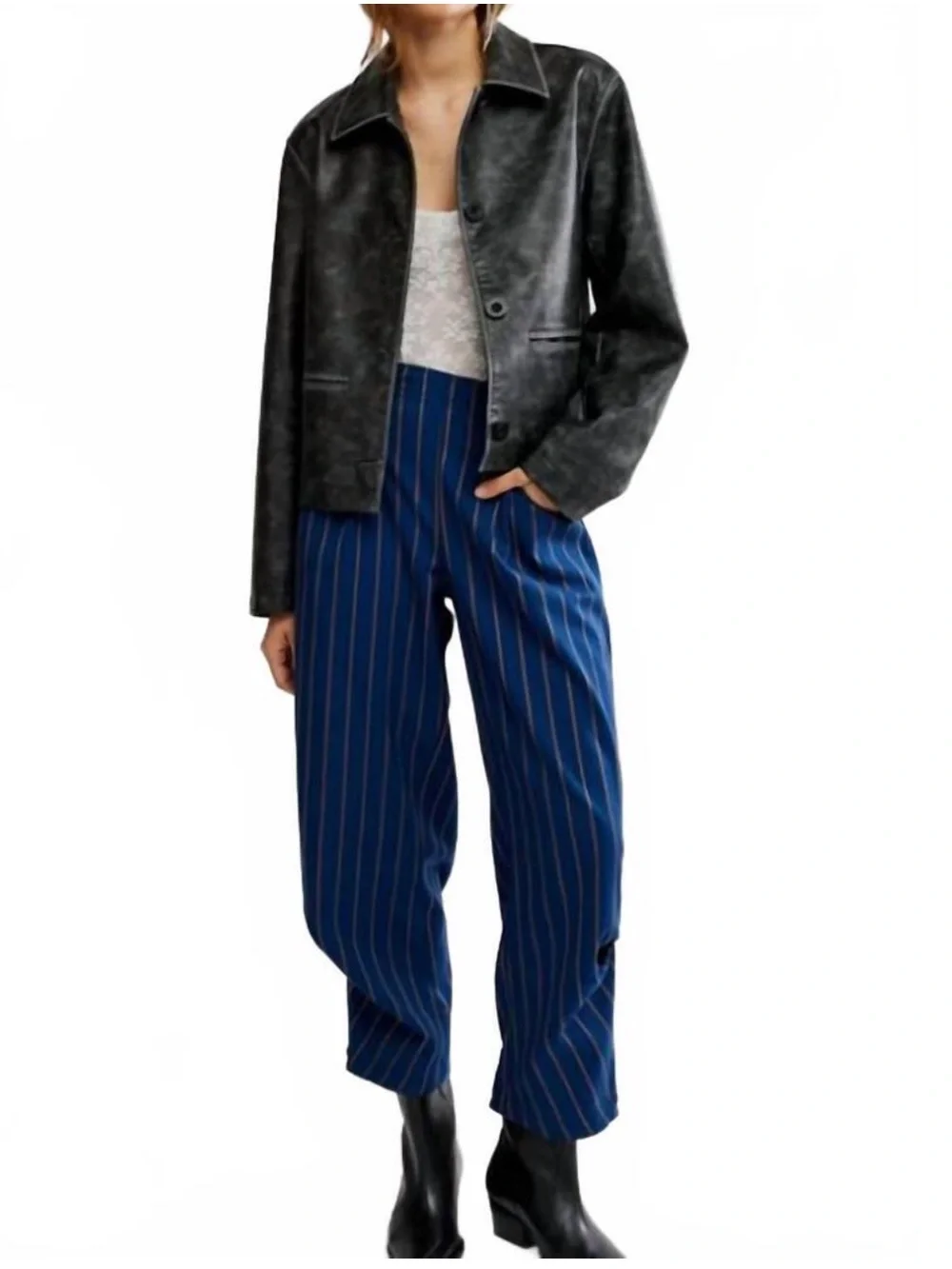 NWOT FREE PEOPLE Nice Choice Pull On Pant In Navy Combo - Pinstripe $119